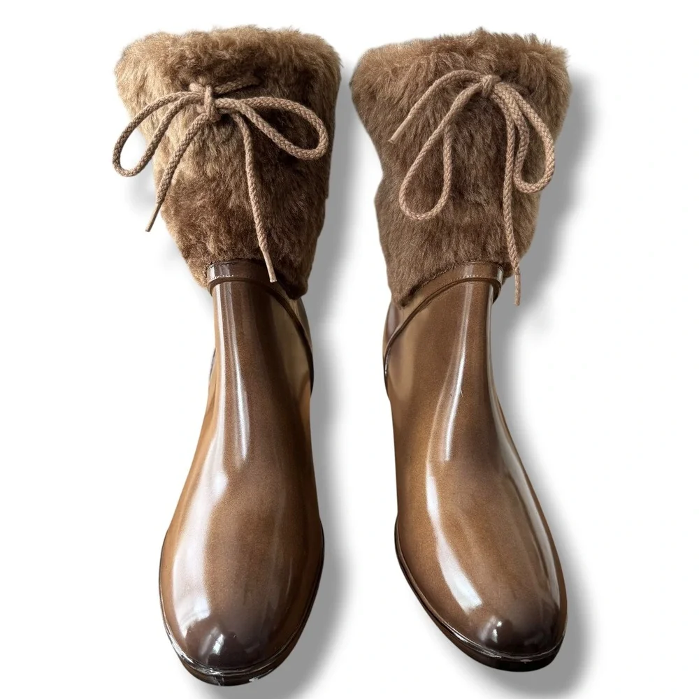 Vintage Brown Faux Fur Trim Rain Boots Womens Size 9 Block Heel Made in USA